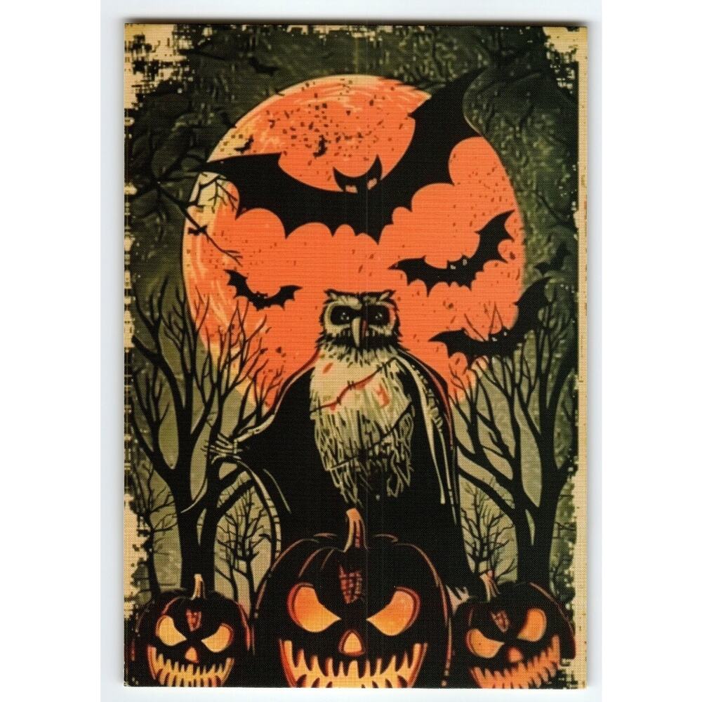 Vintage Halloween Postcard Owl with Jack-o'-Lanterns & Flying Bats Gothic